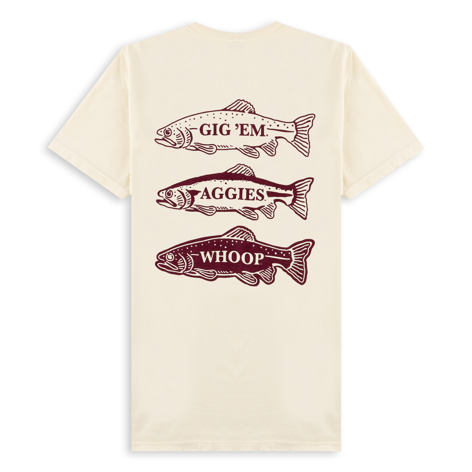 Cream white t-shirt with maroon fish designs