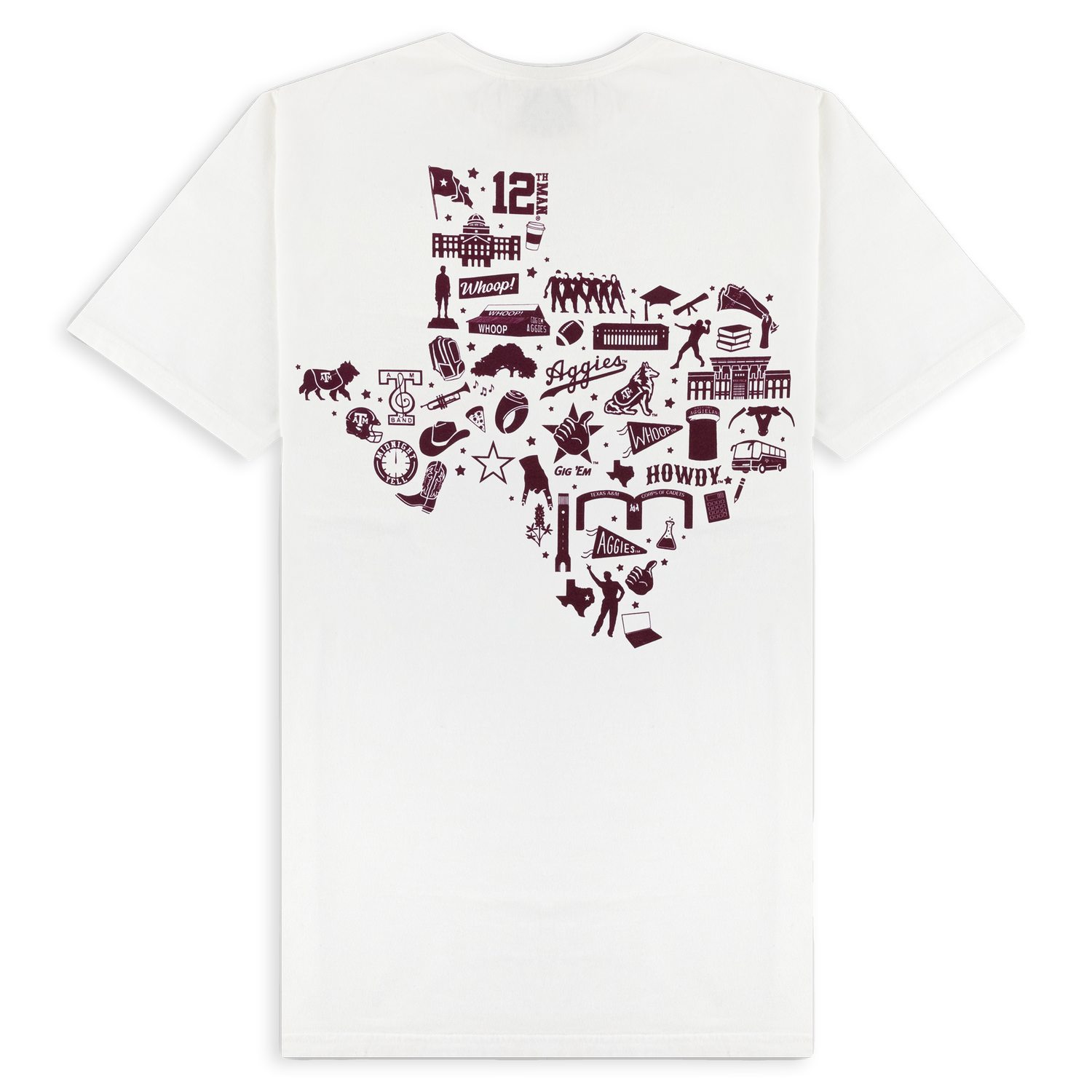 White t-shirt with maroon decals in the shape of Texas