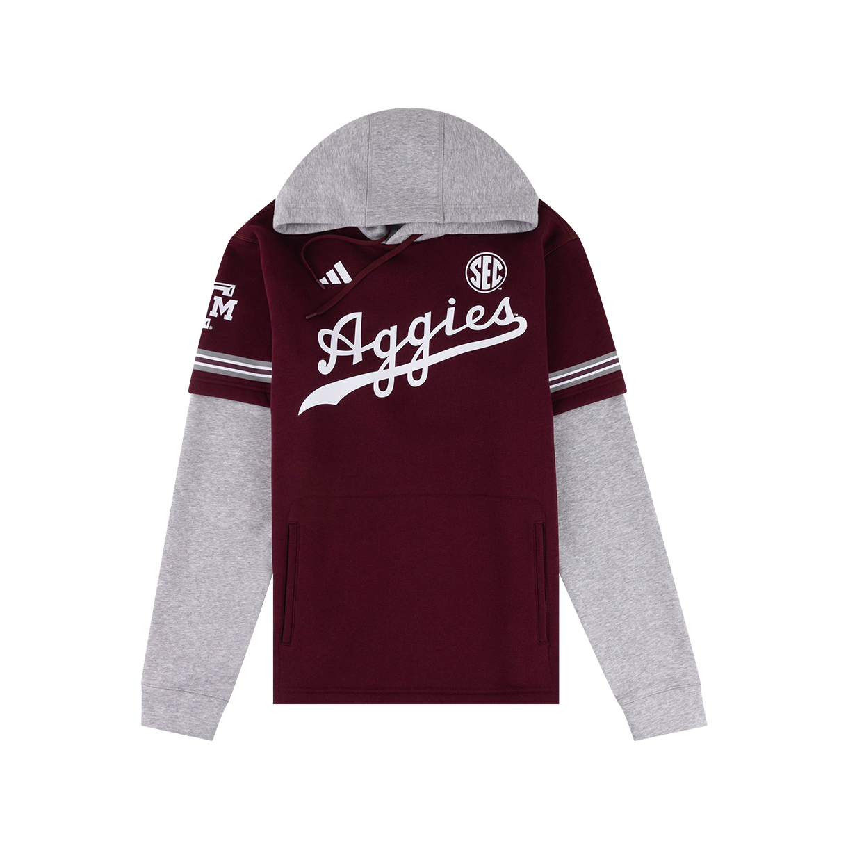 Maroon jersey hoodie with gray sleeves and gray hood. "AGGIES" across the front in white with a white ATM logo on the right sleeve.