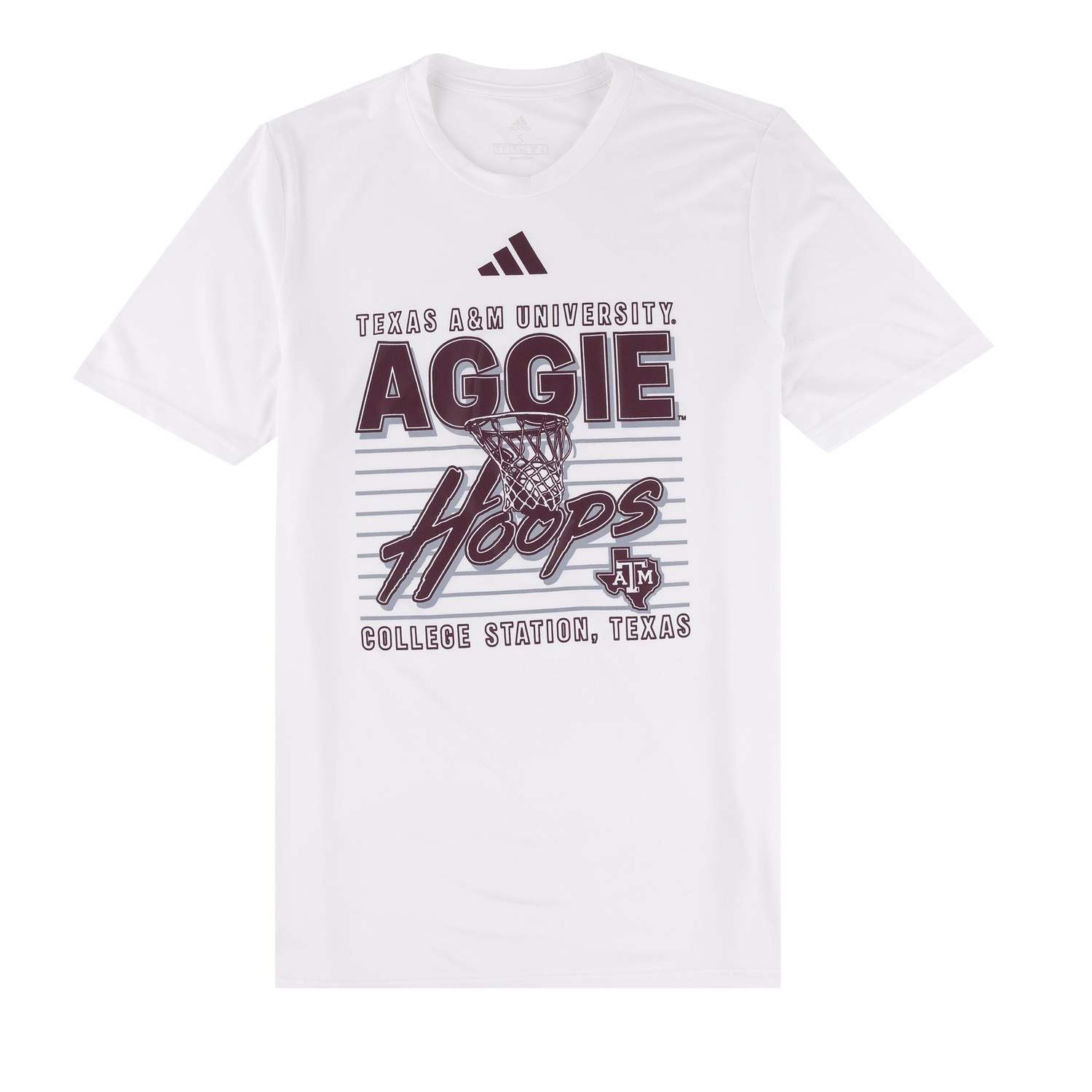 White t-shirt with "TEXAS A&M UNIVERSITY AGGIE HOOPS" in maroon with a basketball hoop