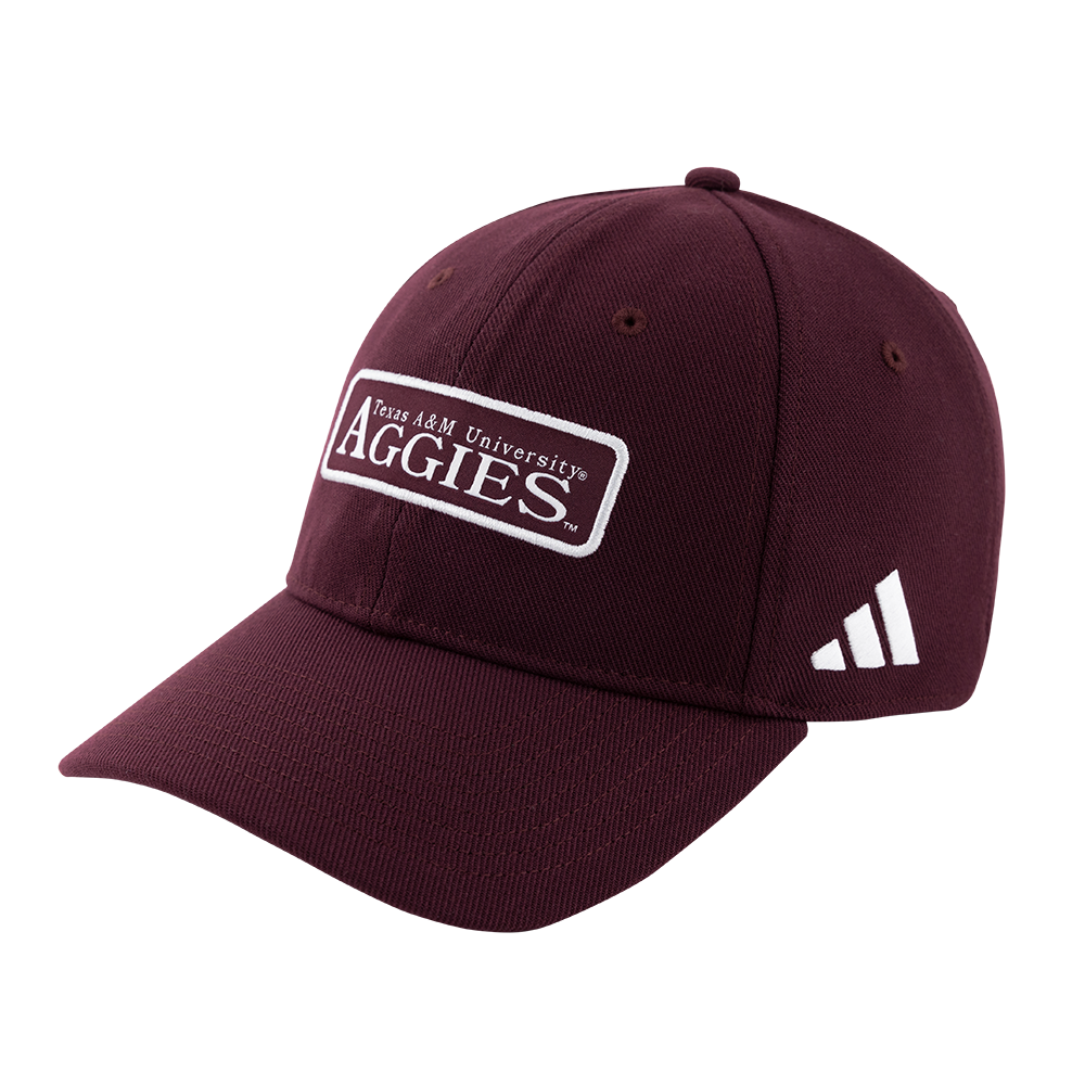 Maoon hat with "Texas A&M University Aggies" in white