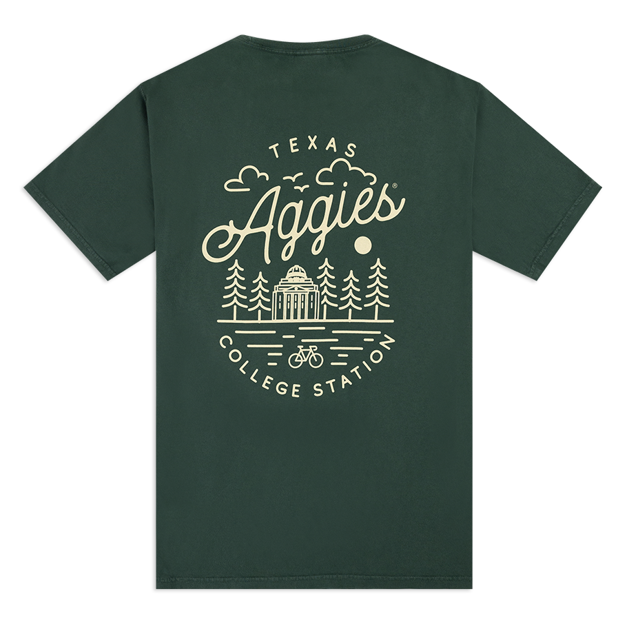 Green t-shirt with tan cycling design and lettering