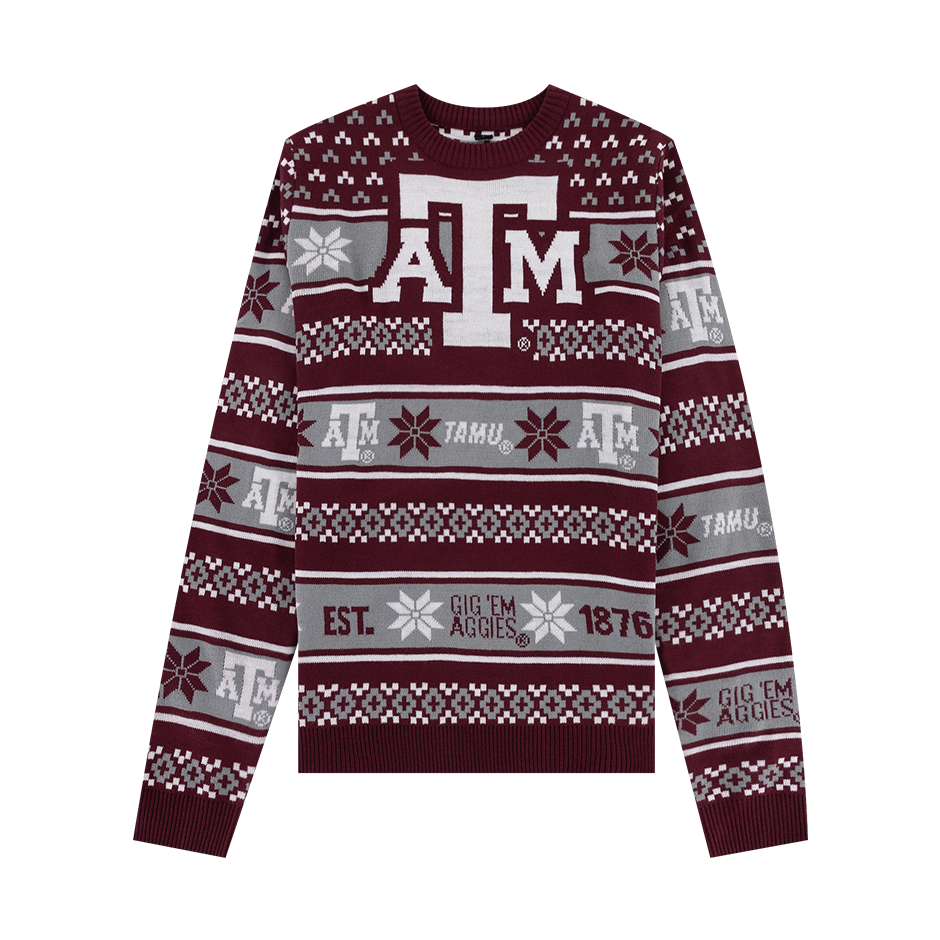 Maroon, white, and gray ugly sweater with white ATM logo on the front. "GIG 'EM AGGIES" in maroon on the front.