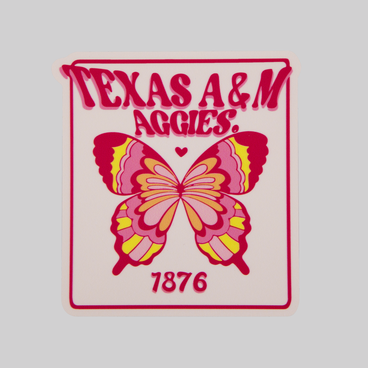 Cream colored sticker with hot pink, yellow, and orange butterfly design and TEXAS A&M AGGIES