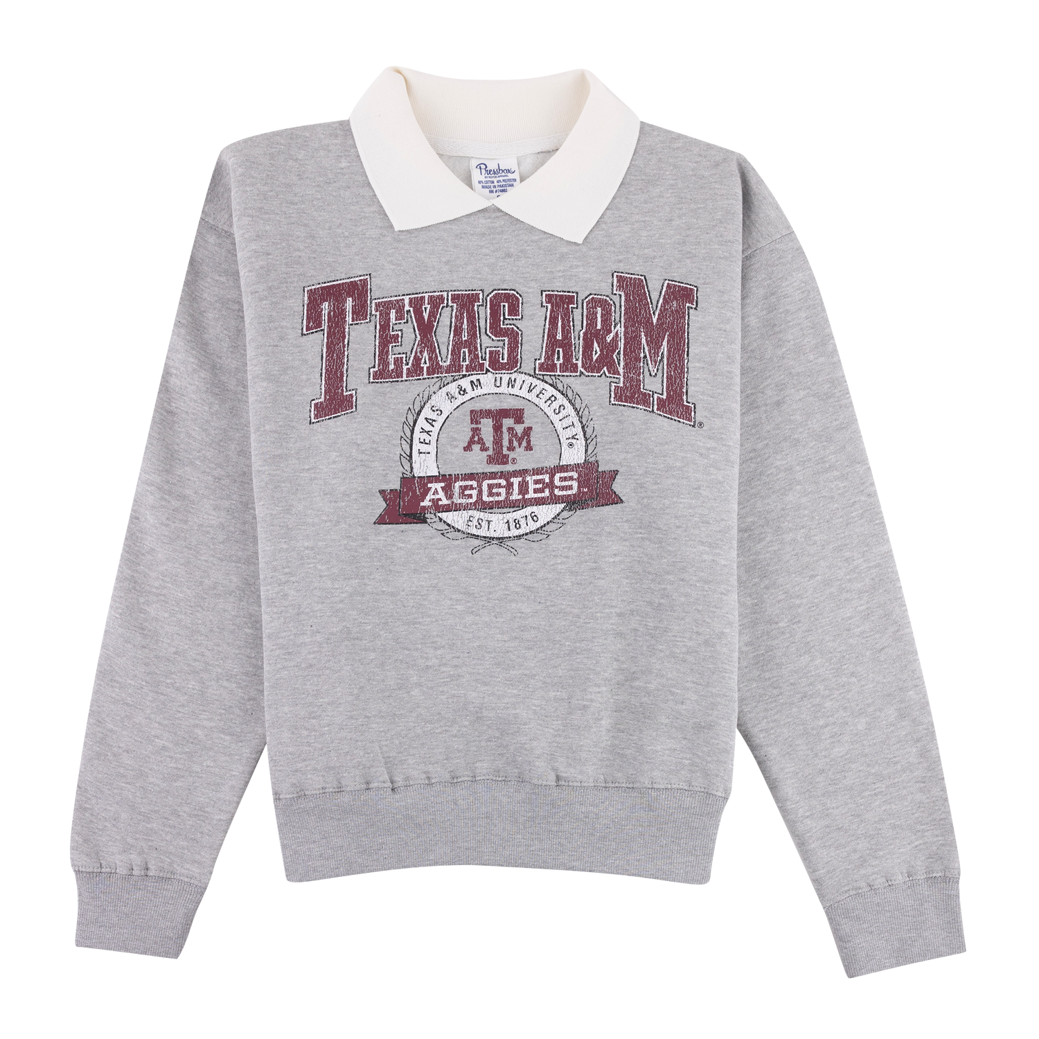 Gray crewneck with white collar and "Texas A&M Aggies" in maroon