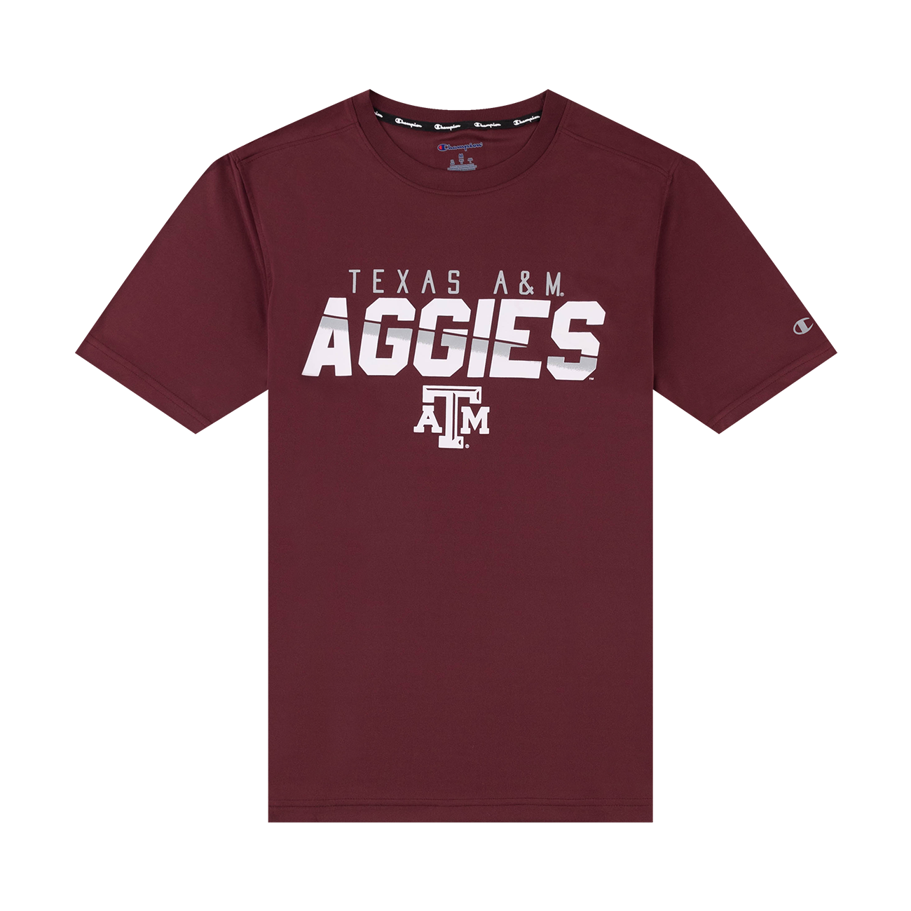 Maroon performance tee with "TEXAS A&M AGGIES" in white