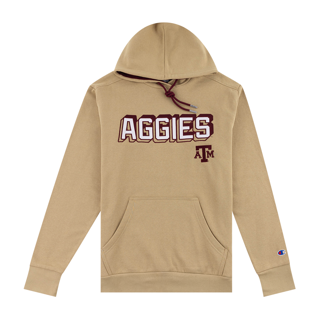 Khaki hoodie with "AGGIES" in maroon and white.