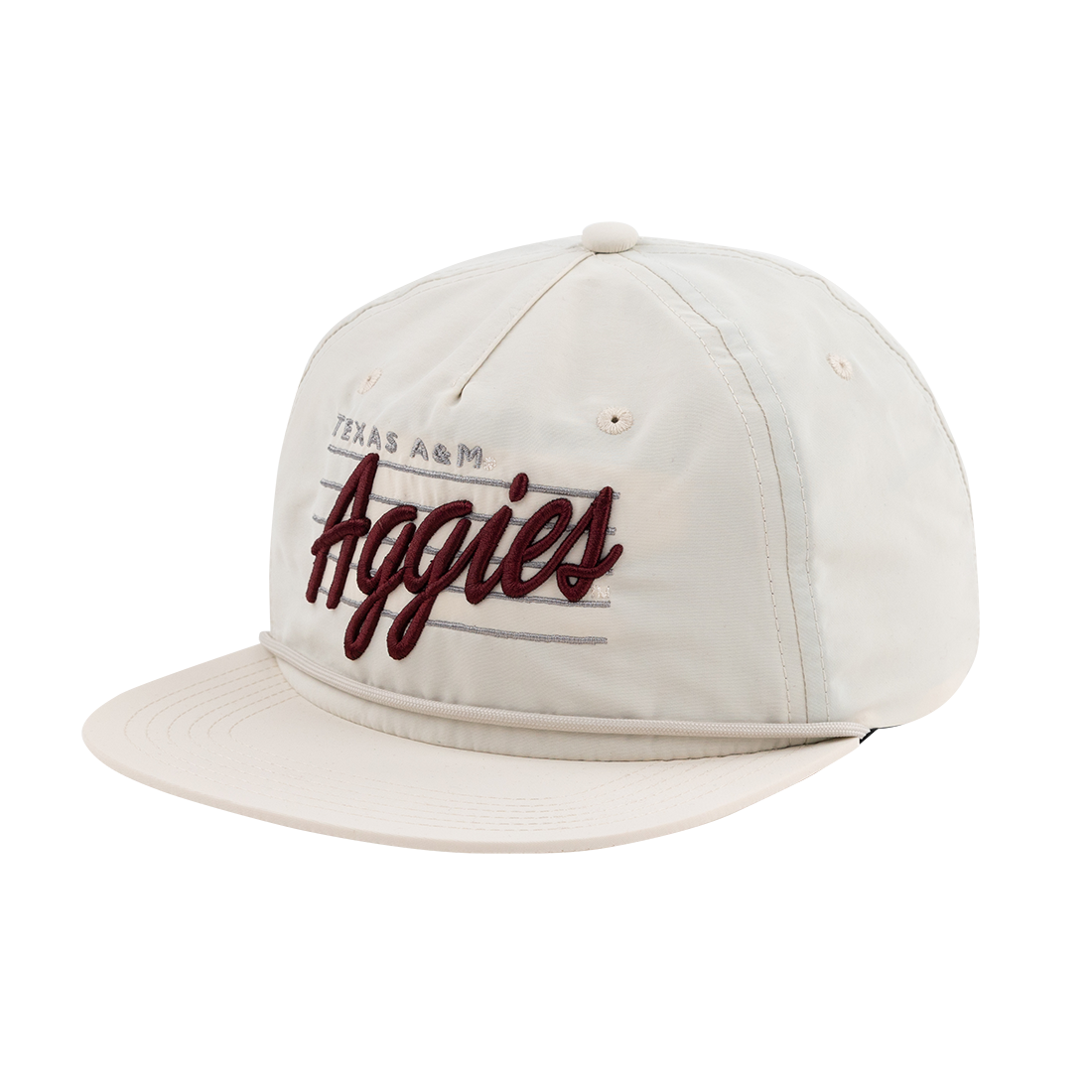 Cream rope hat. The rope is also cream. There are five light grey stripes across the front with Aggies embroidered across in maroon thread. 