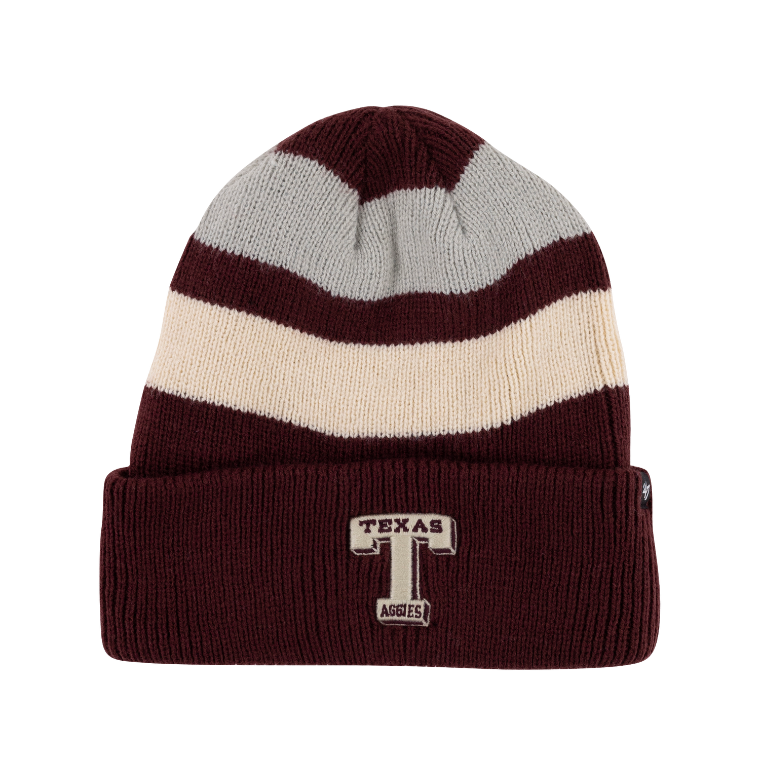 Maroon, cream, and gray striped beanie with block T that reads "TEXAS AGGIES" and the other side has "Texas A&M Aggies" in cream