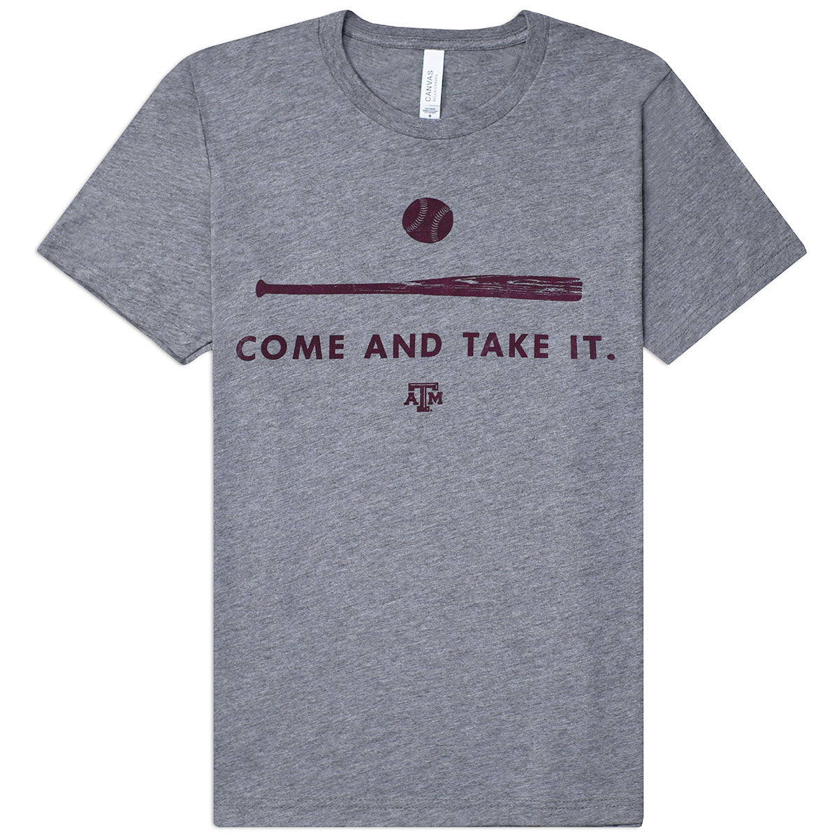 Gray t-shirt with maroon 'Come and Take It' with a baseball bat and baseball