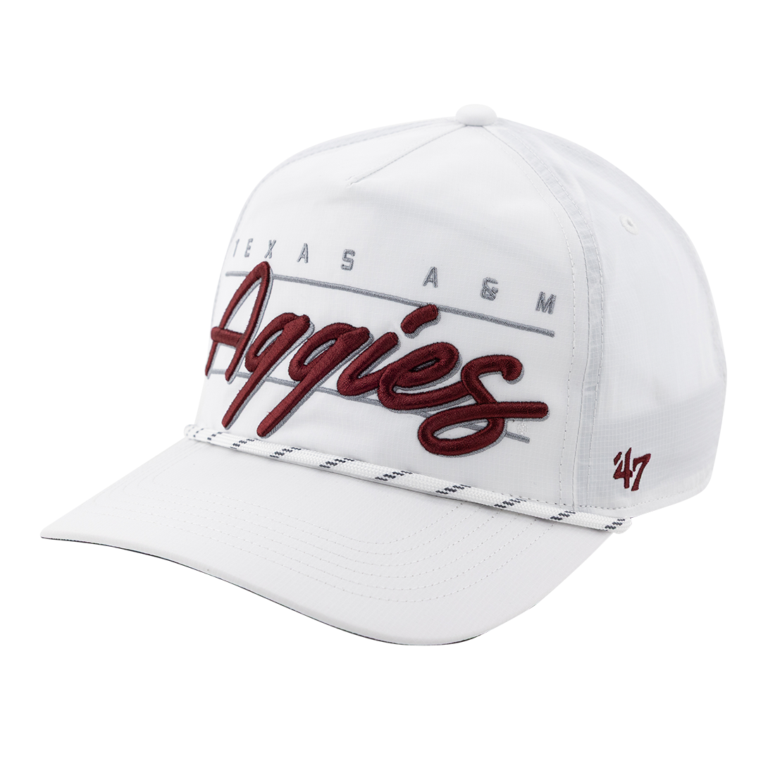 White hat with "Texas A&M Aggies" in gray and maroon with a white rope on the brim