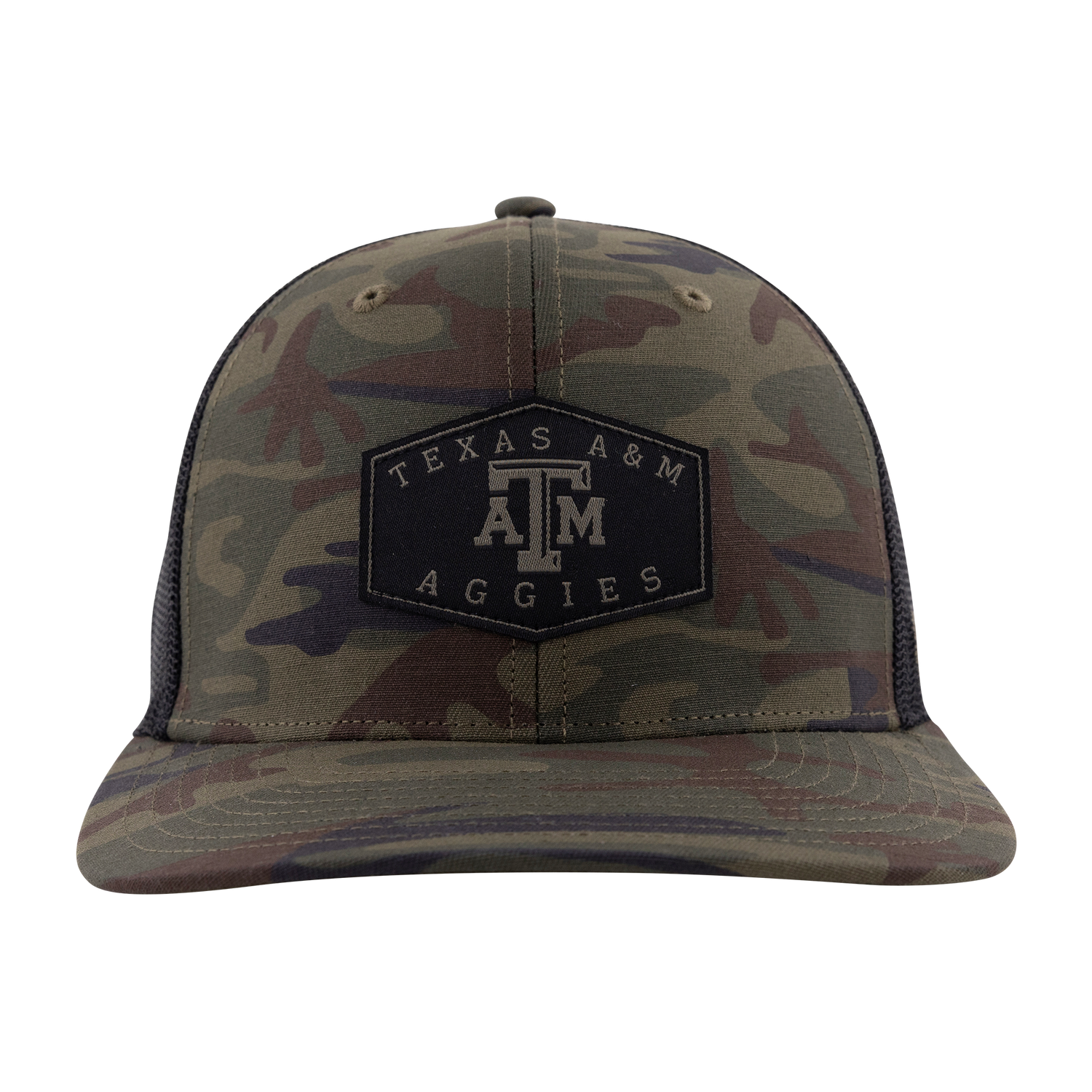 Camo hat with black mesh backing. Black patch that reads "TEXAS A&M AGGIES" with an ATM logo.