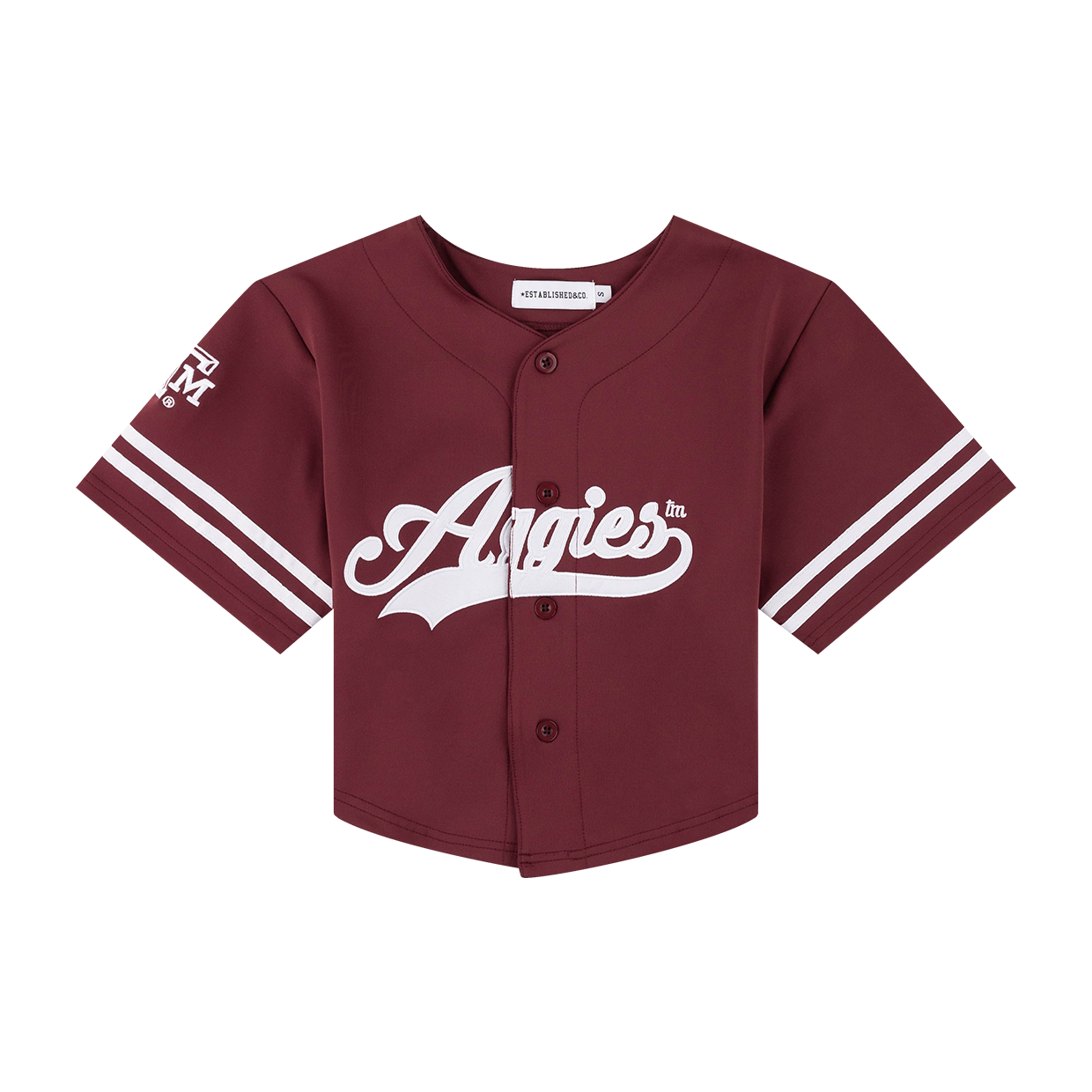 Women's Cropped Button up Baseball Jersey. In maroon with white lettering.