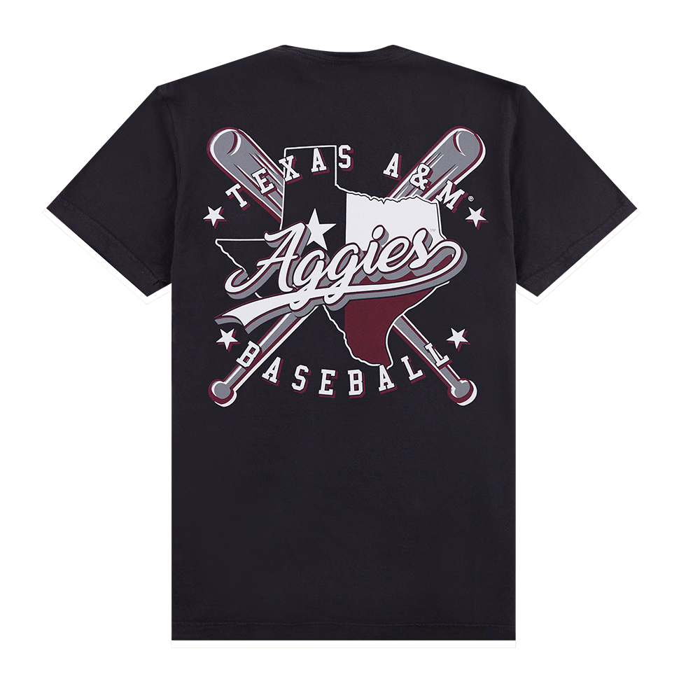 Black t-shirt with "Texas A&M Aggies Baseball" with crossing bats and the Lonestar state