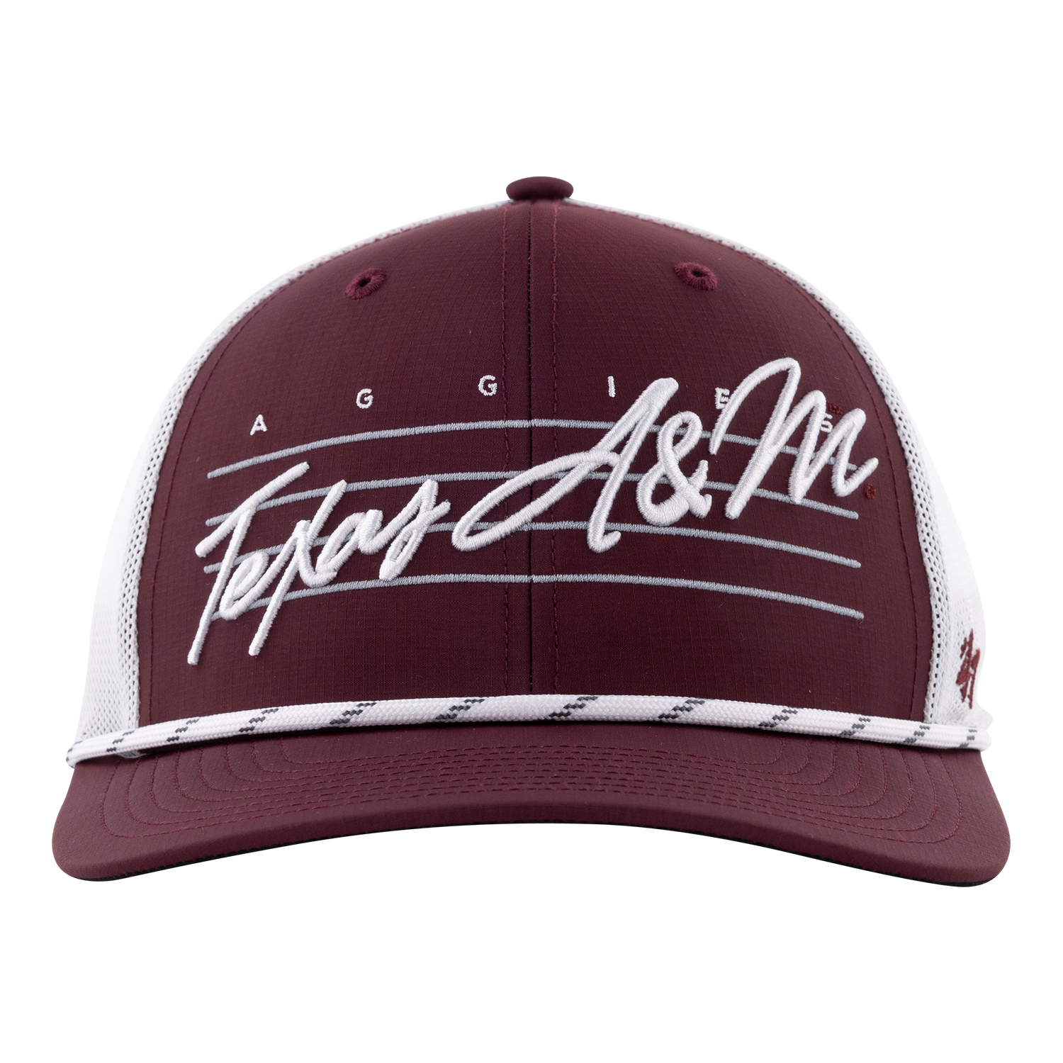 Maroon hat with white mesh backing. "TEXAS A&M AGGIES" in white across the front with a white rope on the brim.