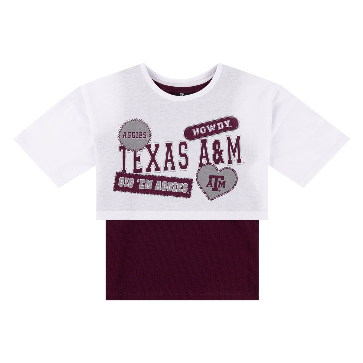 Maroon tank top with white t-shirt that has "Texas A&M", "Gig 'Em Aggies", and "Howdy"