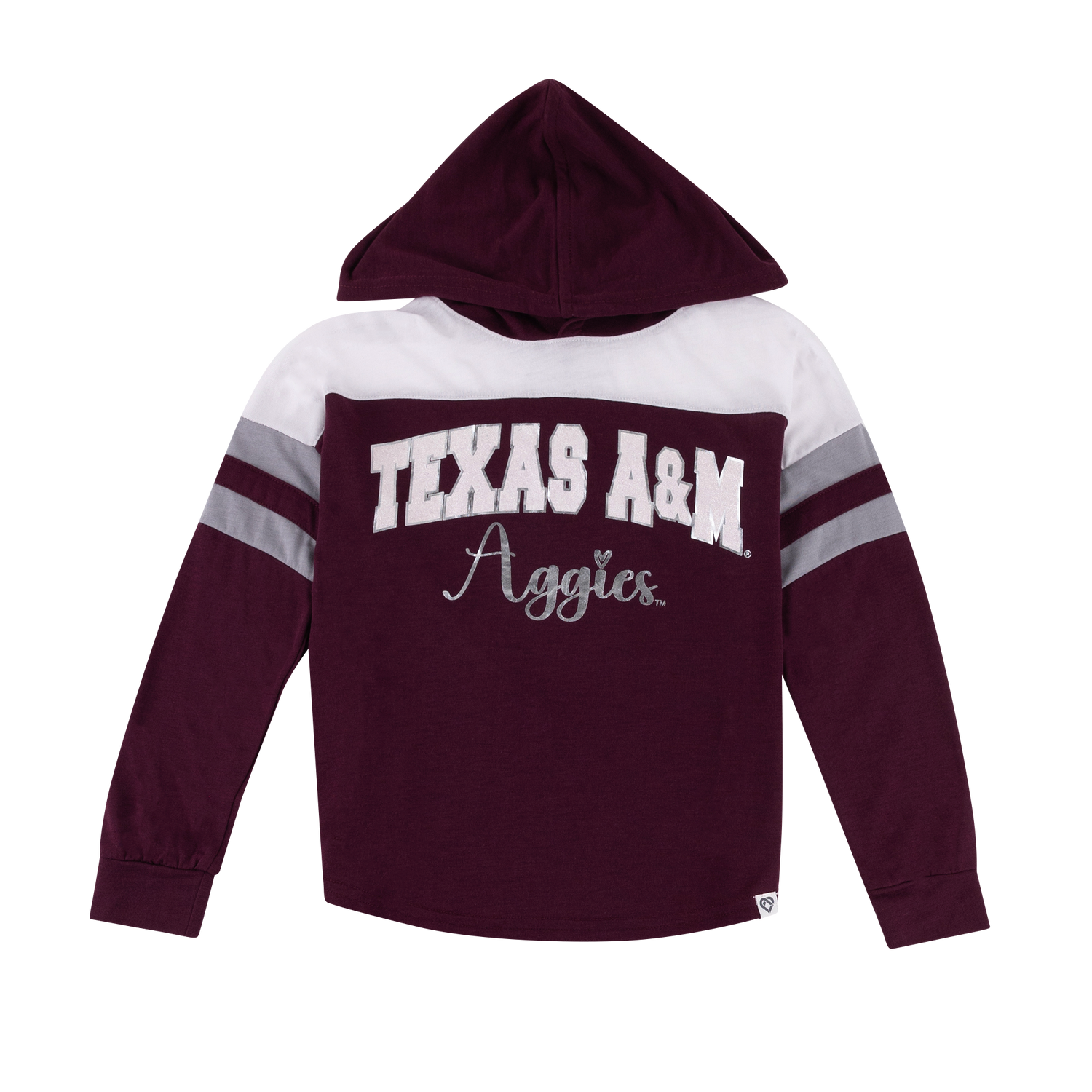 Maroon long sleeve hooded tee with "TEXAS A&M Aggies" in glitter and silver.