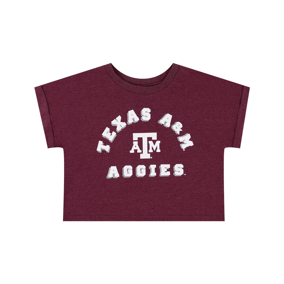 Maroon crop tee with "Texas A&M Aggies" in white and rhinestones