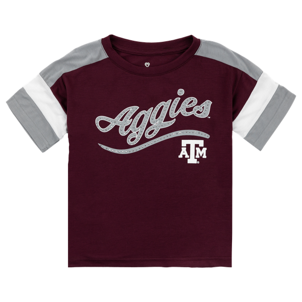 Maroon girls shirt with diamonds on sleeve and grey and white sleeves w