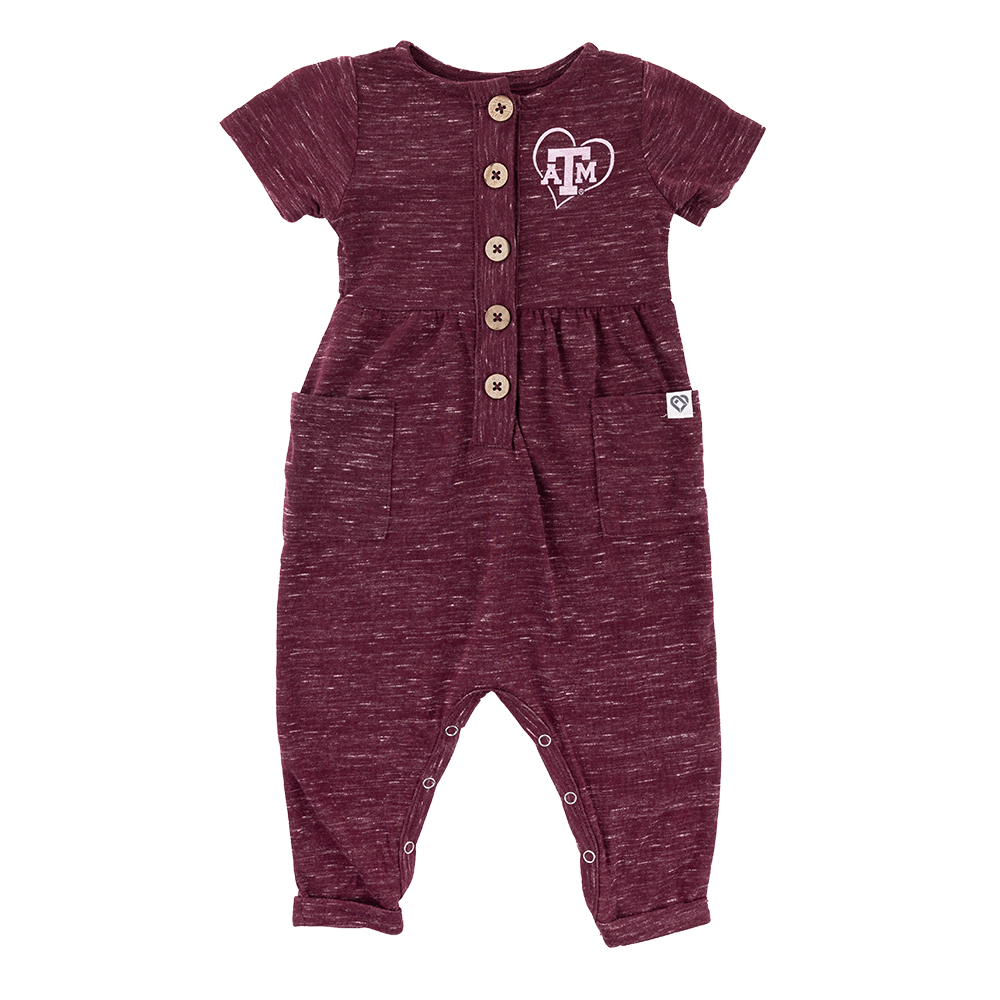 Maroon bodysuit with white heart ATM logo. The back has "AGGIES" in a white heart.