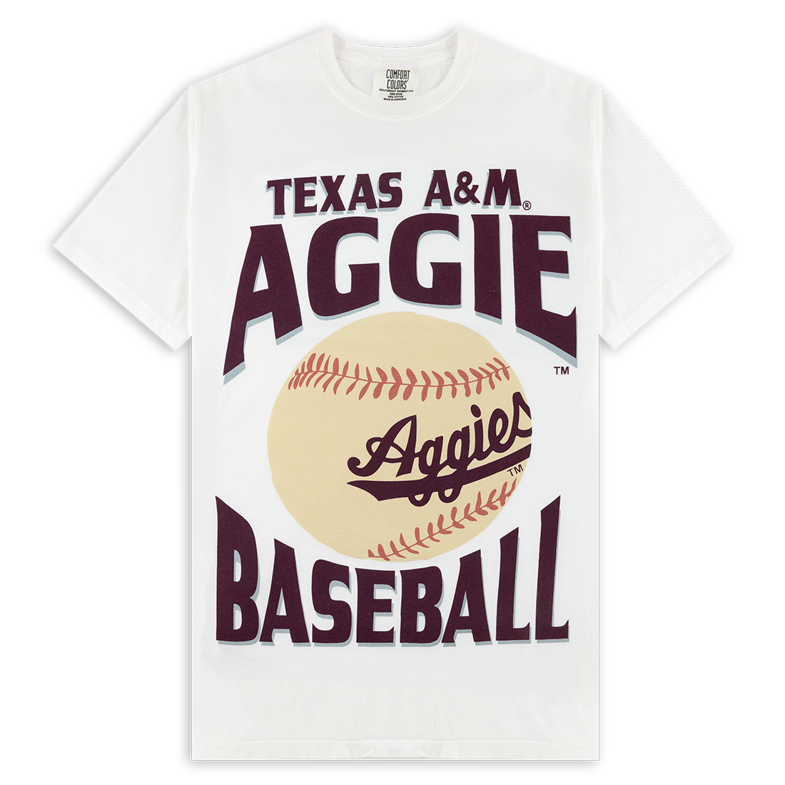 White t-shirt with "TEXAS A&M AGGIE BASEBALL" in maroon with a baseball