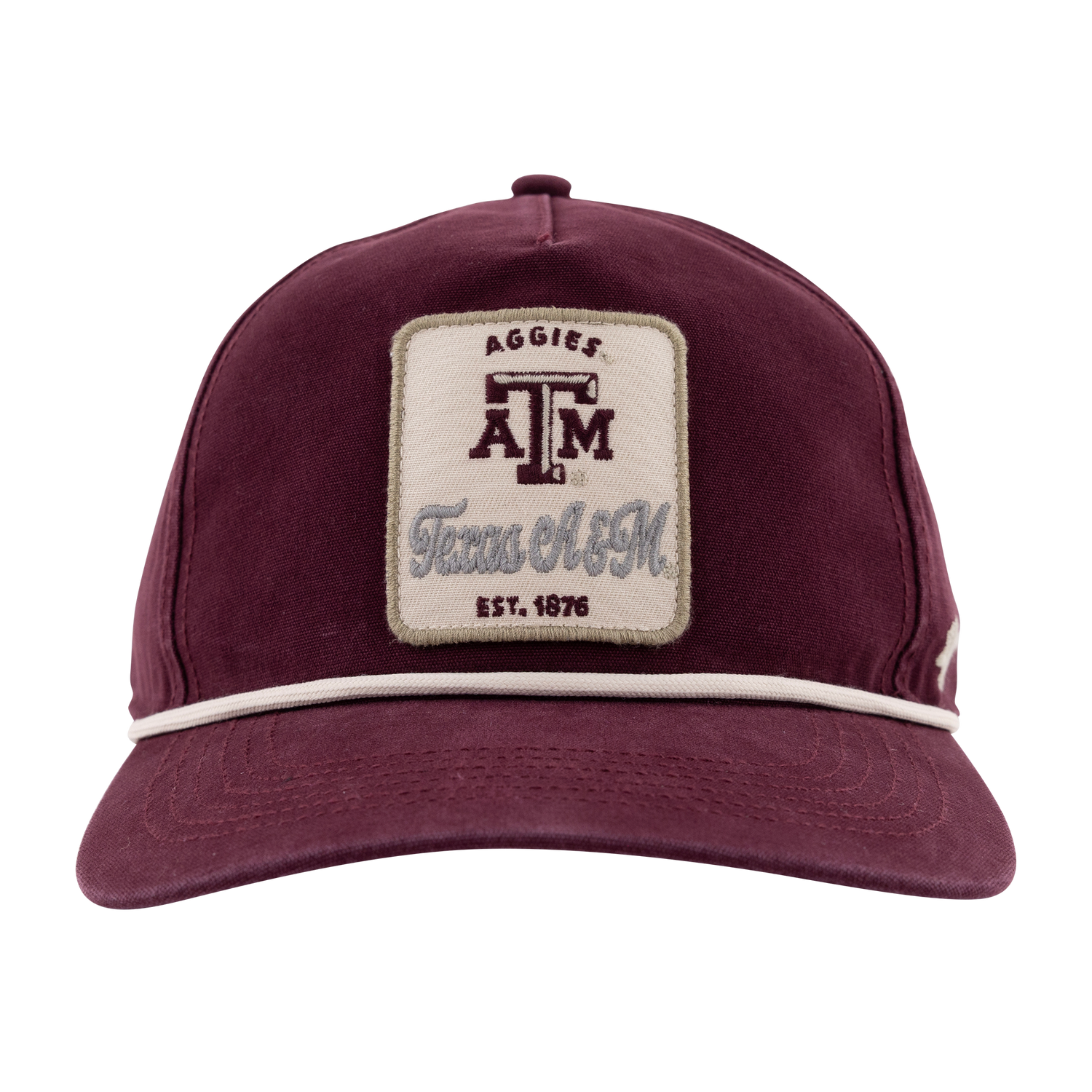 Maroon hat with cream rope. Cream patch that reads "Texas A&M Aggies" in maroon and gray.