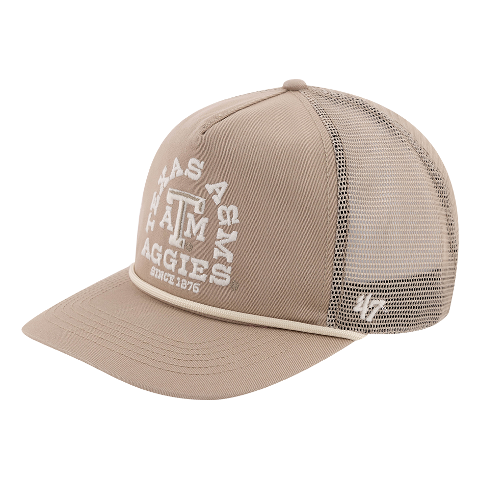 Tan hat with "TEXAS A&M AGGIES" in cream with a cream rope on the brim and mesh backing