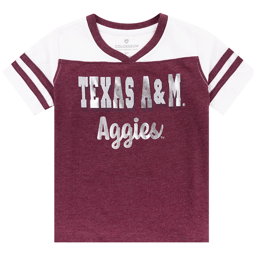 Maroon and white V neck top with "Texas A&M Aggies" in silver