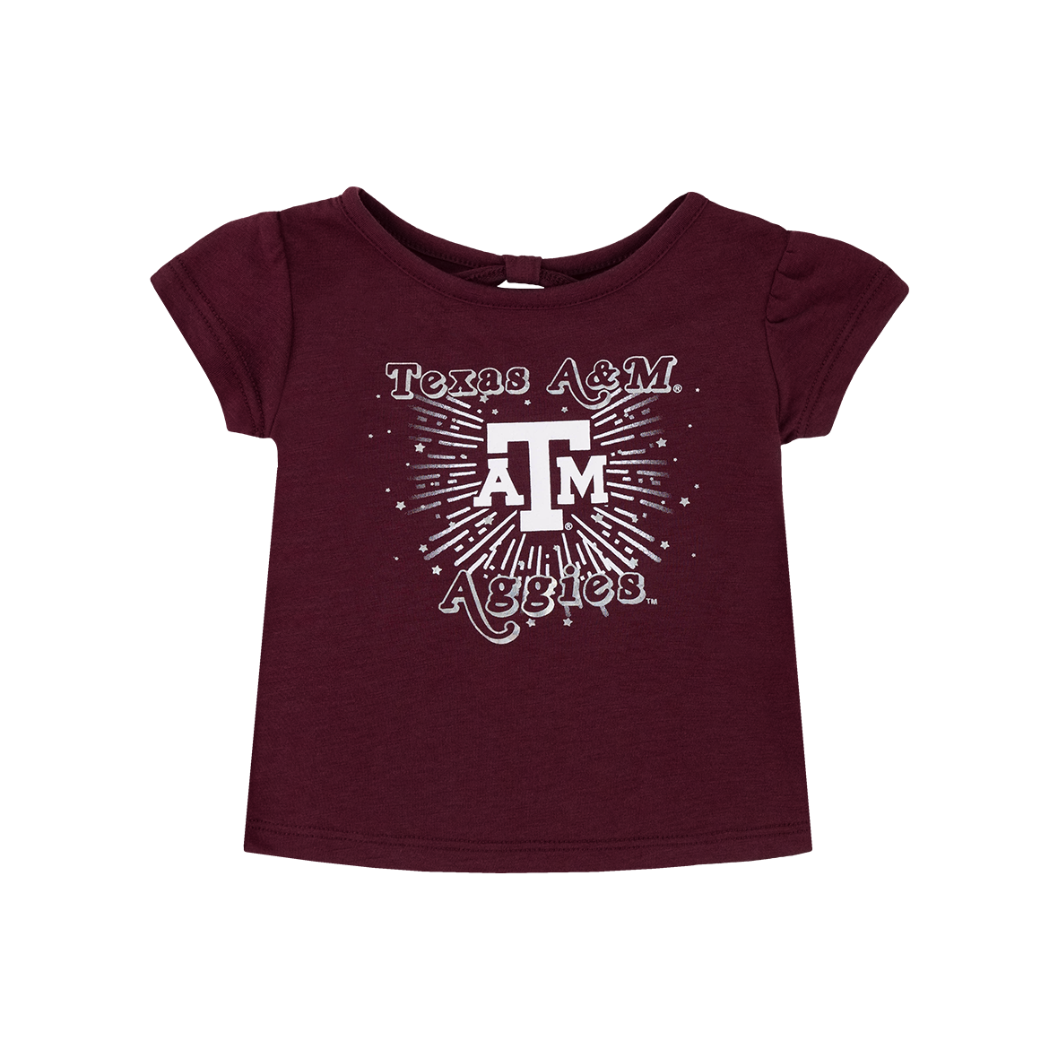 Maroon tee with "Texas A&M Aggies" outlined in silver and a white ATM logo