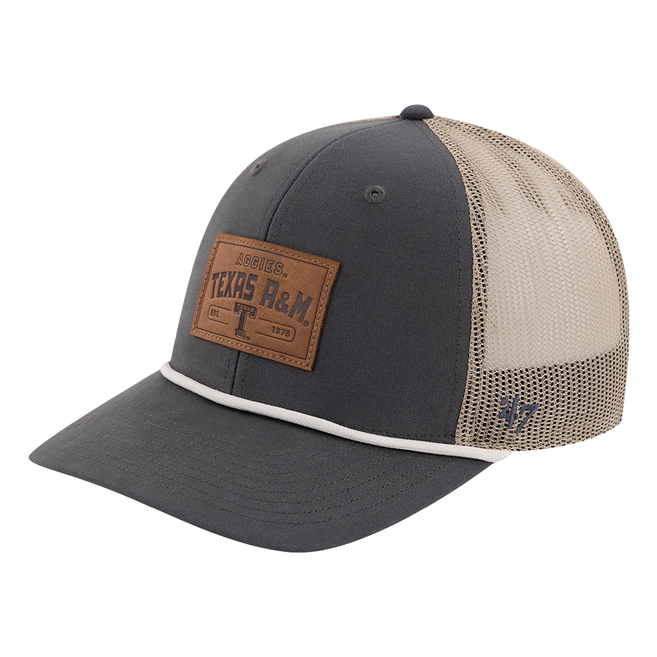 Gray trucker hat with cream mesh backing with leather patch that reads "Aggies Texas A&M" with a block T