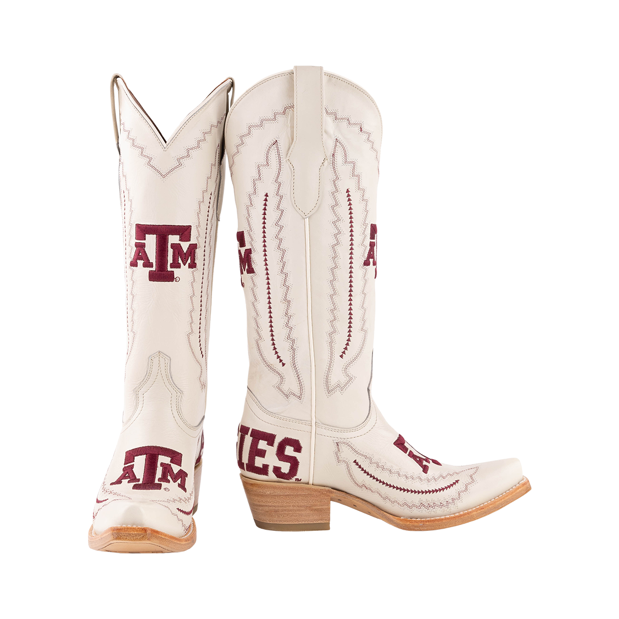 White boots with maroon ATM logo and "AGGIES" stitches on the back.