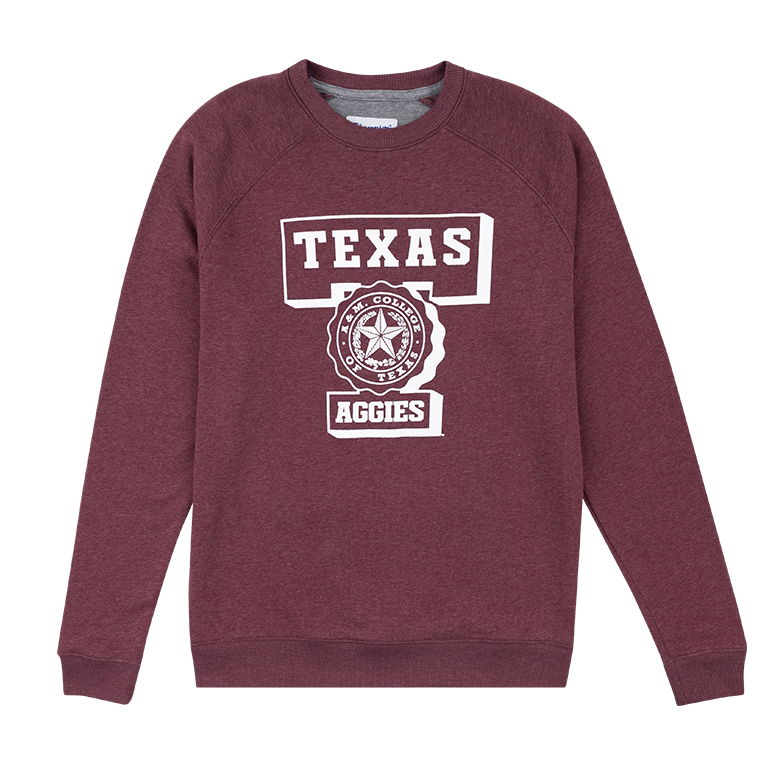 Maroon Sweatshirt with tan Block T with text Texas Aggies and Emblem