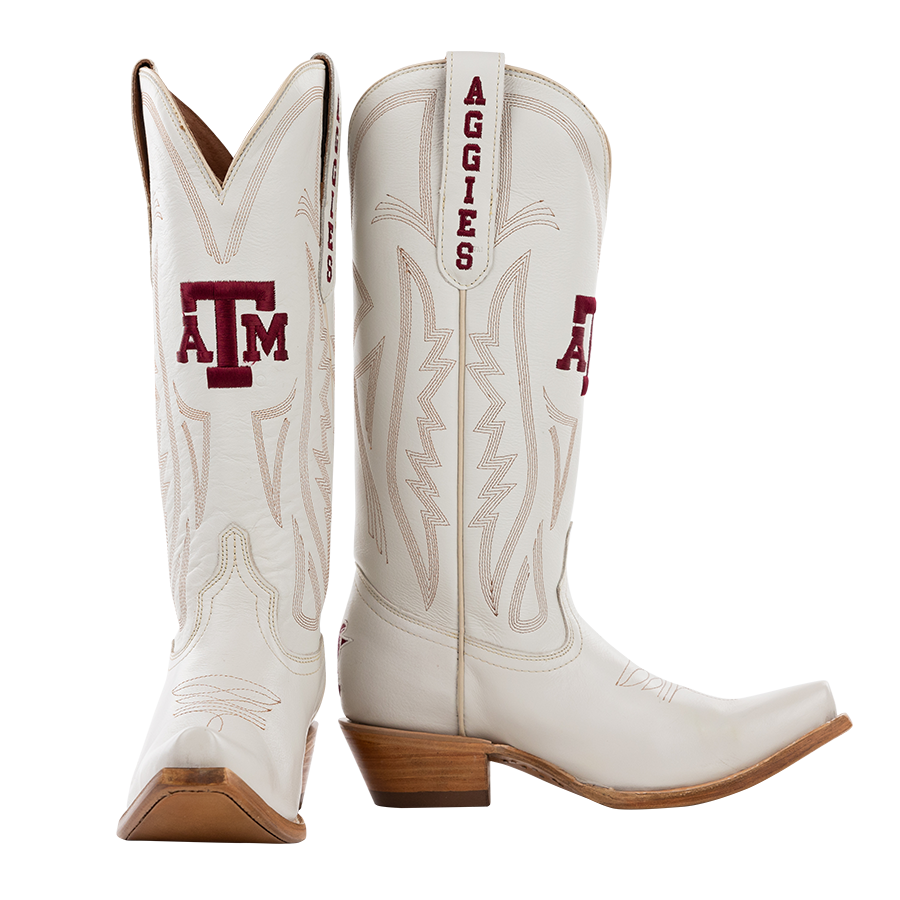 White Ivory women's boots with maroon ATM logo