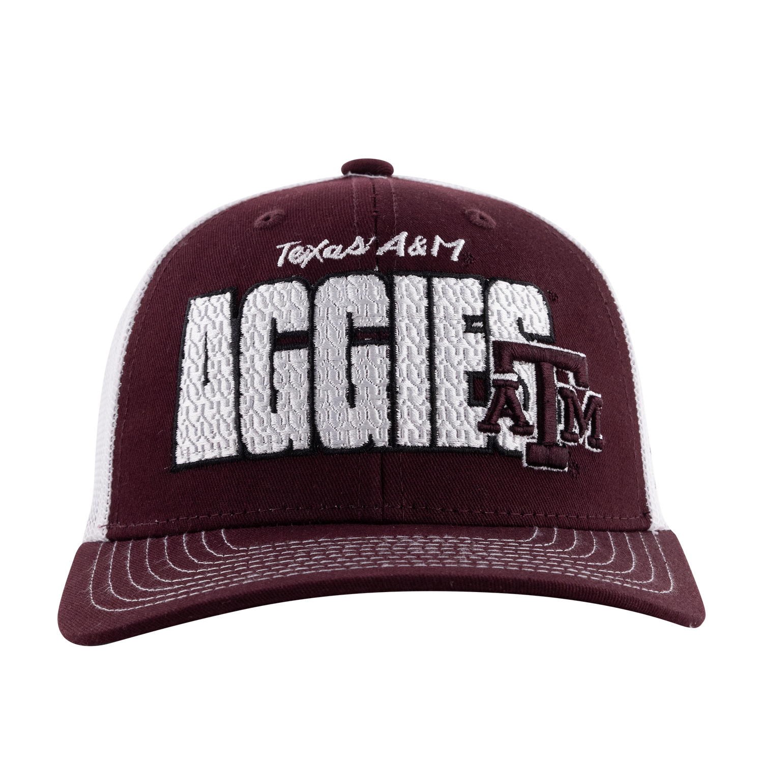 Maroon hat with white mesh backing. "Texas A&M Aggies" in white with a maroon ATM logo.