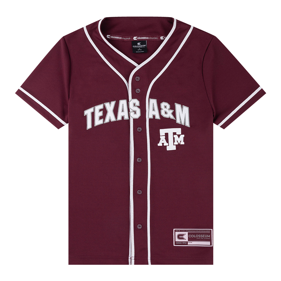 Maroon jersey with "TEXAS A&M" in white with "AGGIES" in the back in white