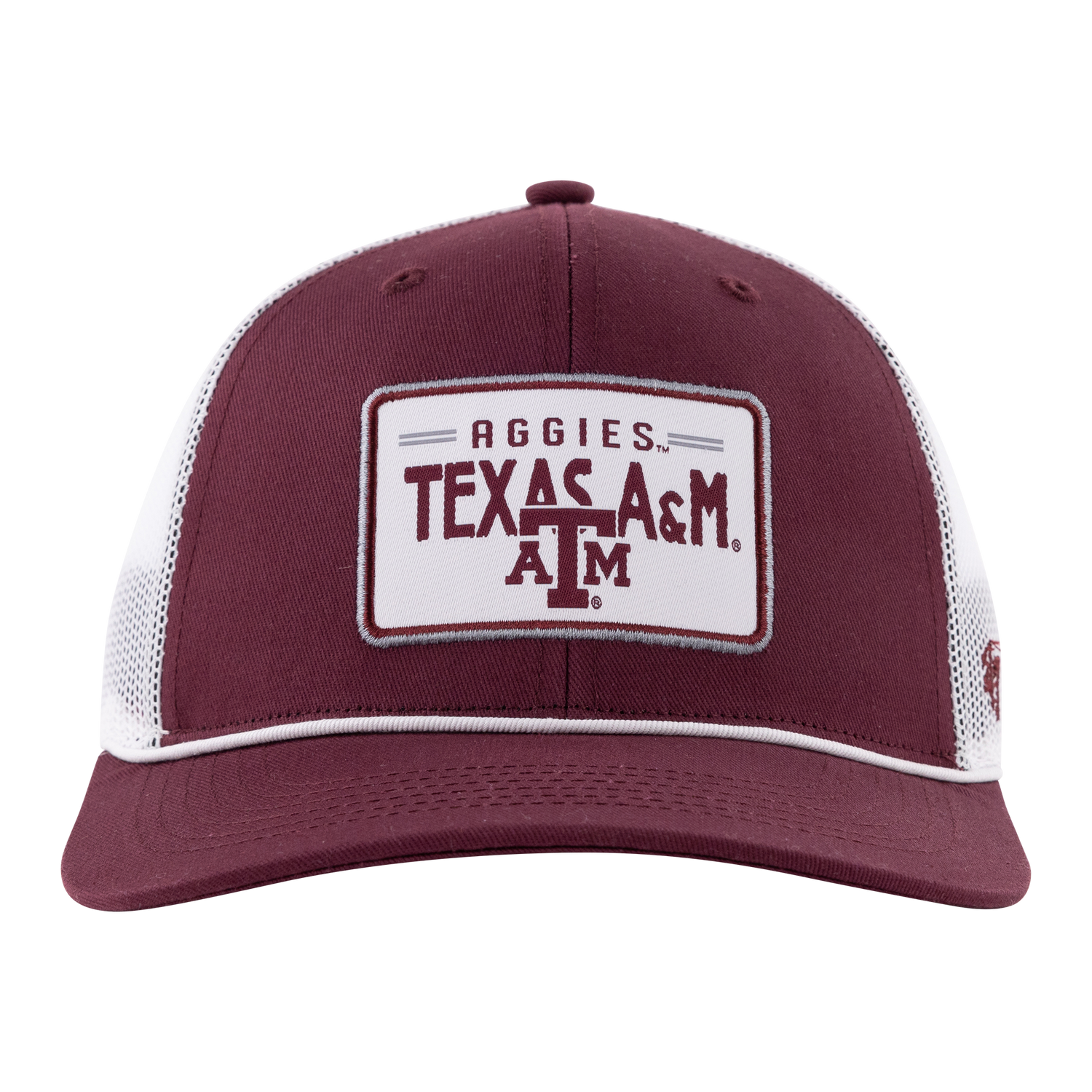 Maroon hat with white mesh backing and a white rope on the brim. White patch that reads "AGGIES TEXAS A&M" in maroon.