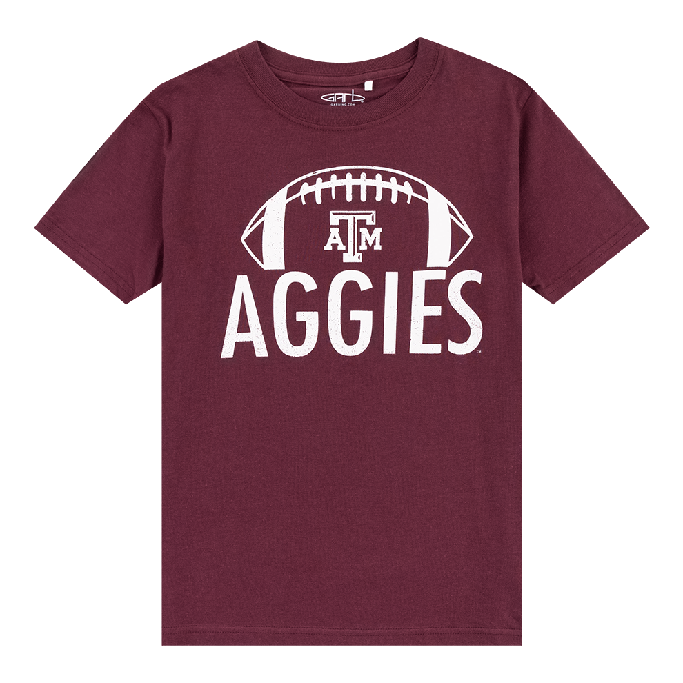 Maroon youth tee with 'AGGIES' in white with a white outline of a Texas A&M football.