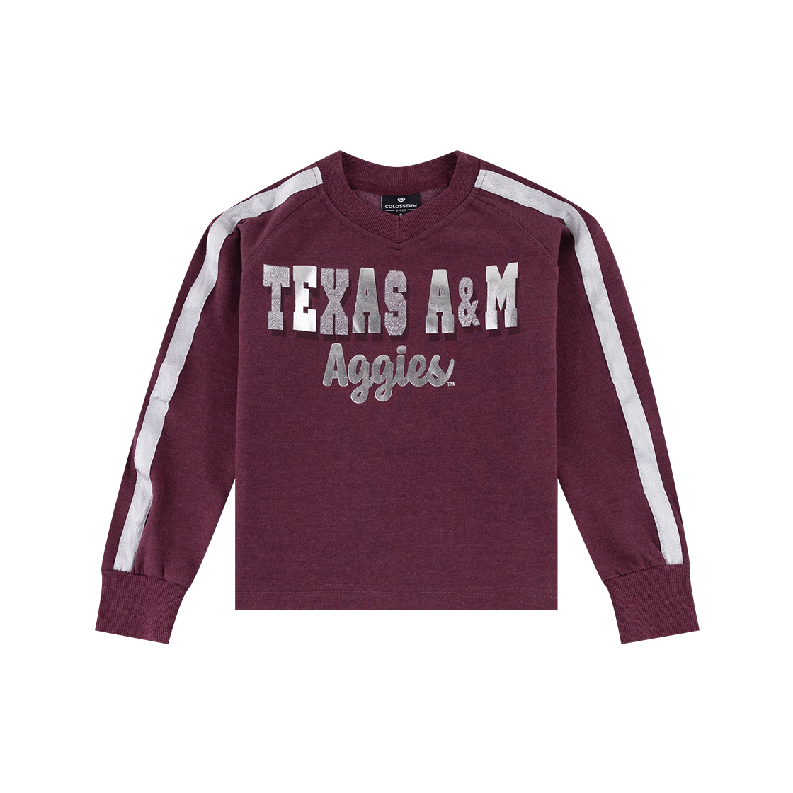 Maroon fleece sweatshirt with "Texas A&M Aggies" in silver on the front. Silver stripe down the sleeves.