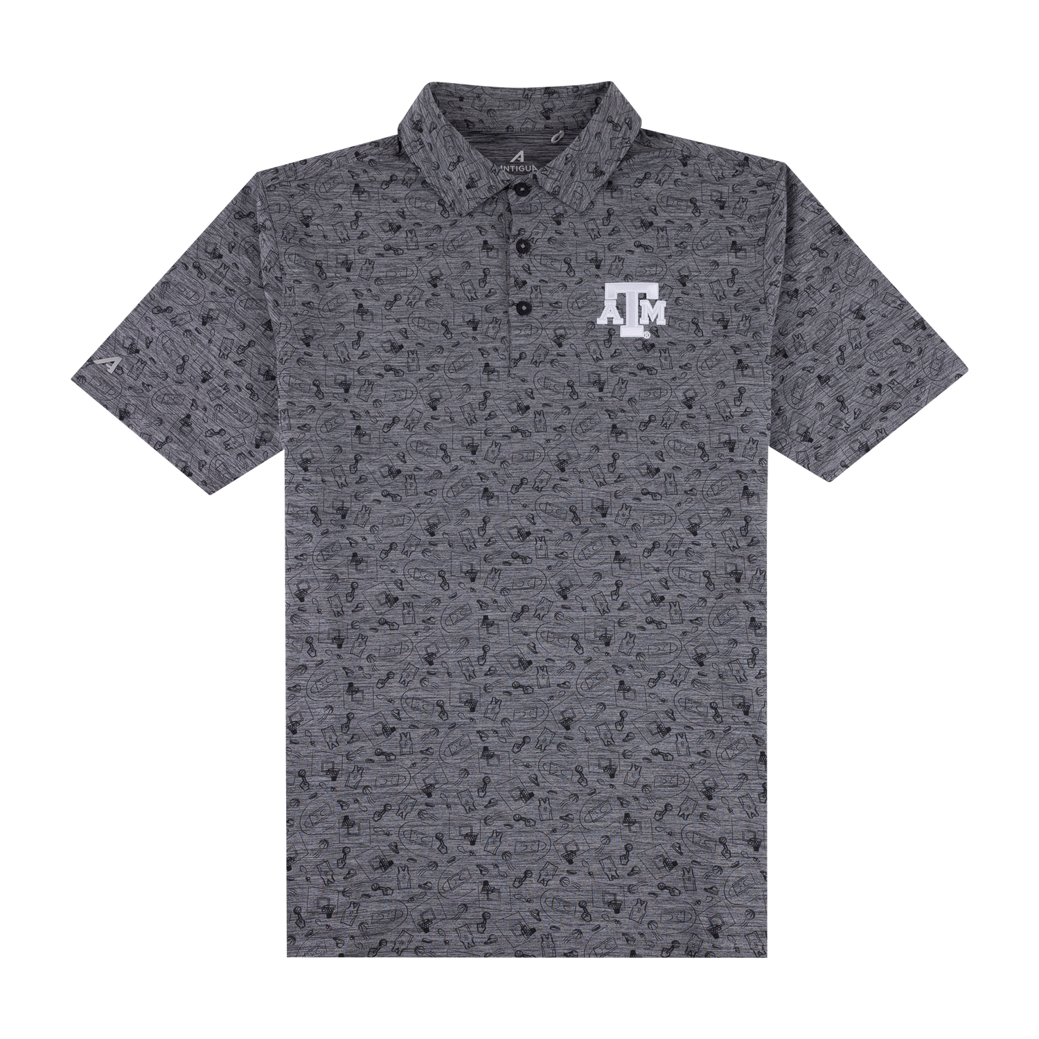 Gray polo with black basketball symbols and white ATM logo on left side of the chest.