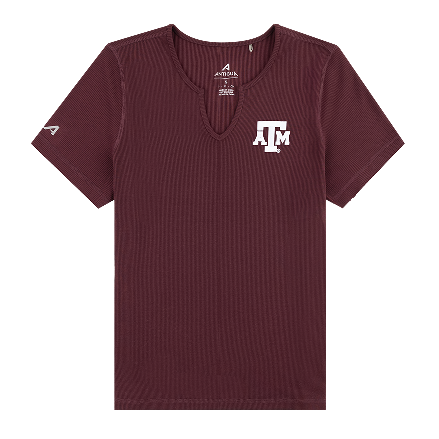 Maroon, ribbed tee with white ATM logo on the left side of the chest