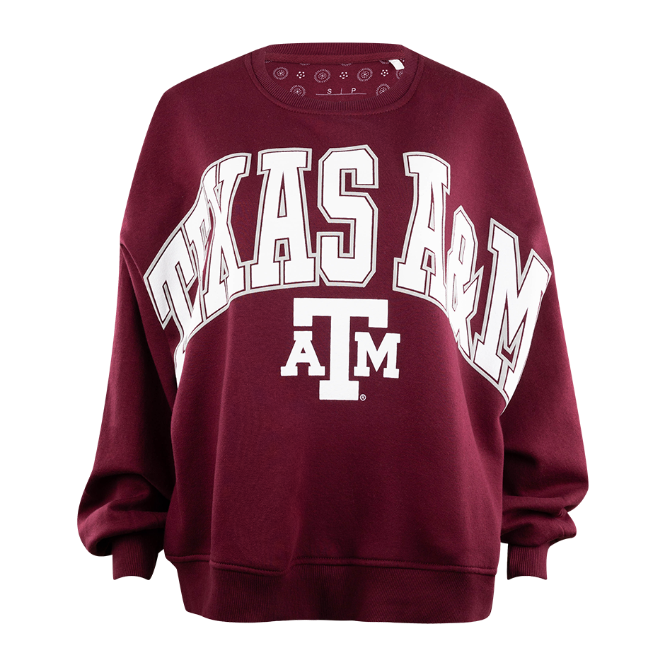 Maroon oversized sweatshirt with "TEXAS A&M" in white with a white ATM logo