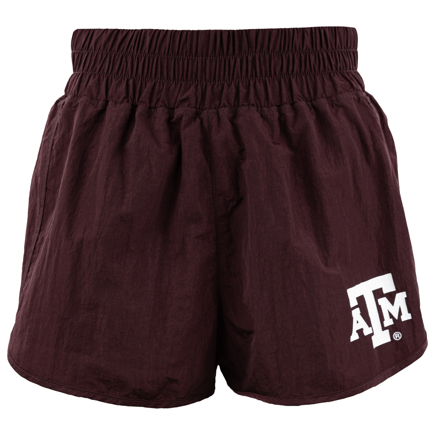 Maroon athletic shorts with a wide elastic waist band. A&M is printed in white block letters on the bottom left leg. 