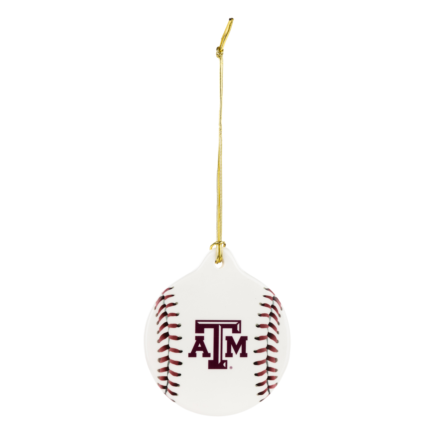 Baseball Shaped Ornament with maroon ATM logo