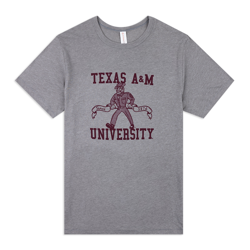 Grey t-shirt with maroon "TEXAS A&M UNIVERSITY" text and Ol' Sarge logo in center