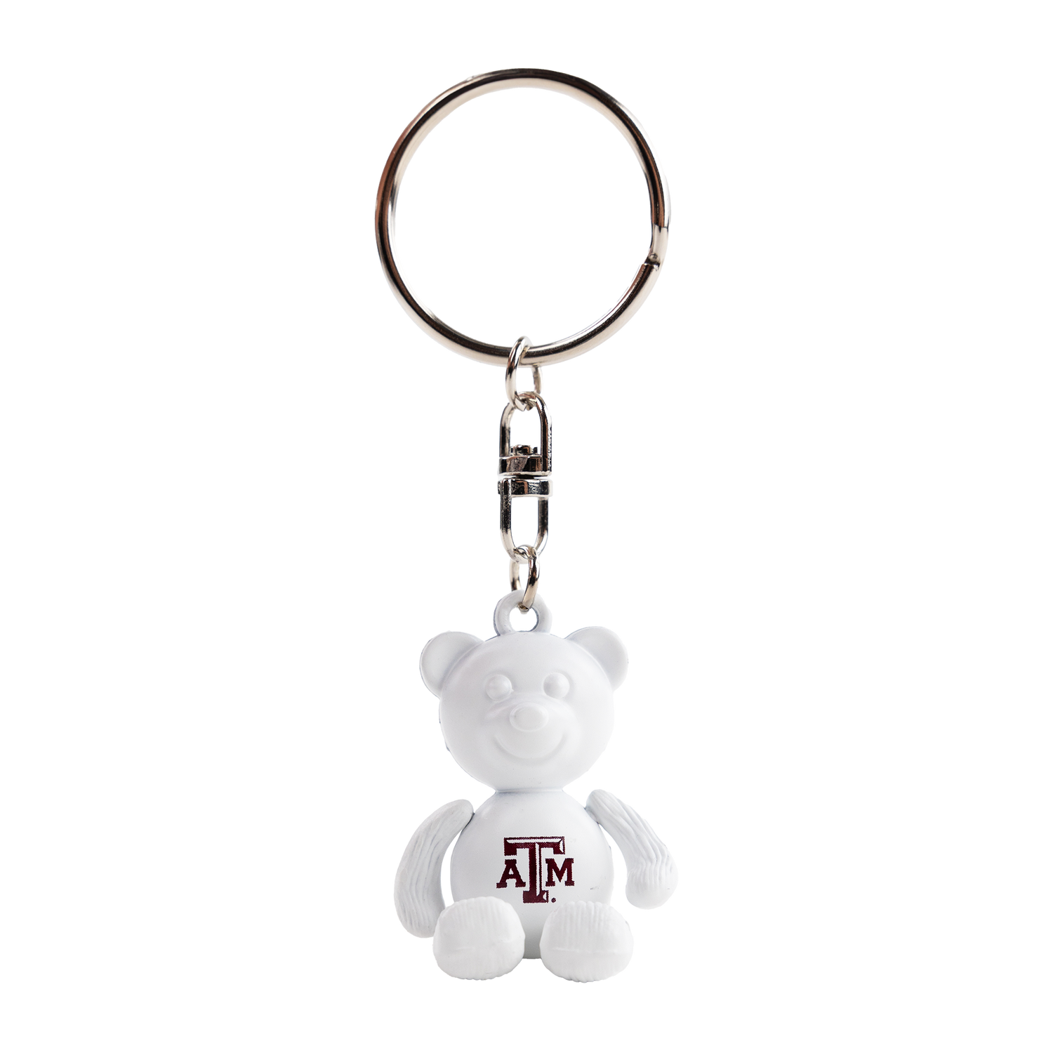 A white bear key chain. key chain hardware is silver. There is a maroon A&M logo on the bears stomach. 