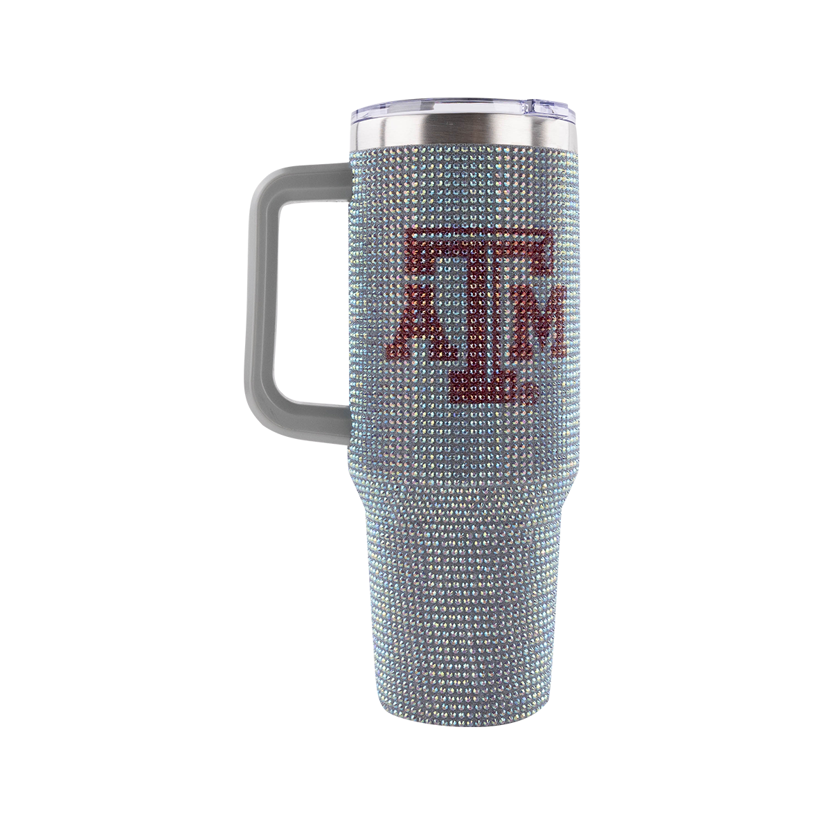 46oz rhinestoned tumbler with maroon ATM logo rhinestoned.