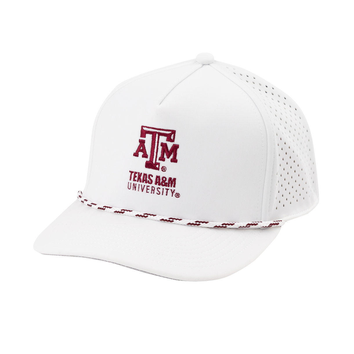 White mesh cap with ATM logo and striped rope