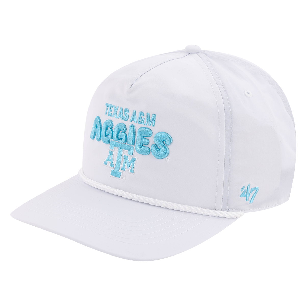 White hat with "TEXAS A&M AGGIES" in blue