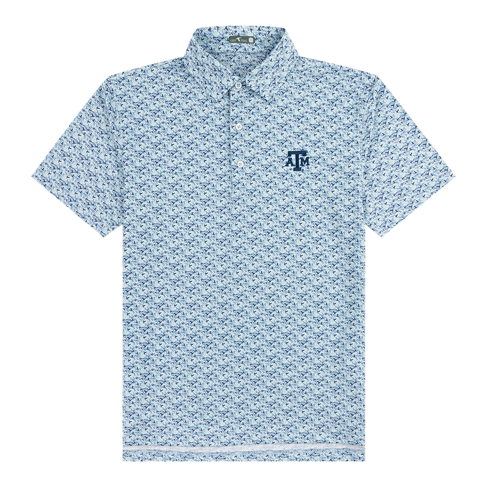 Light blue polo with blue duck design and a navy ATM logo on the left side of the chest.