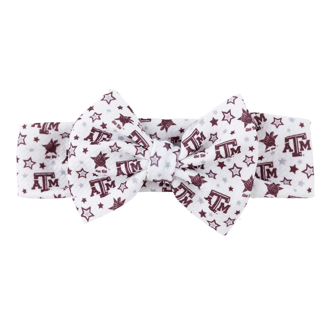 White bow with maroon and grey ATM decals, stars, and Gig'Em Thumb